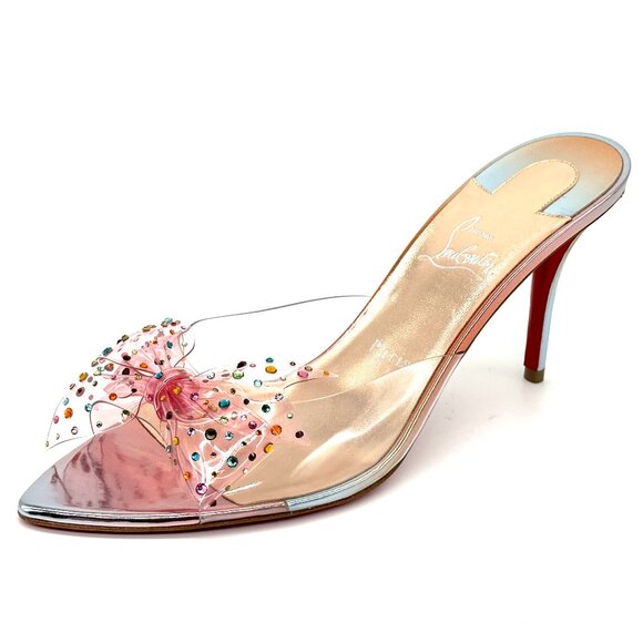 Christian Louboutin AQUA STRASS 80 PVC Crustal Bow Mule Sandals Heels - Picture 6 of 16